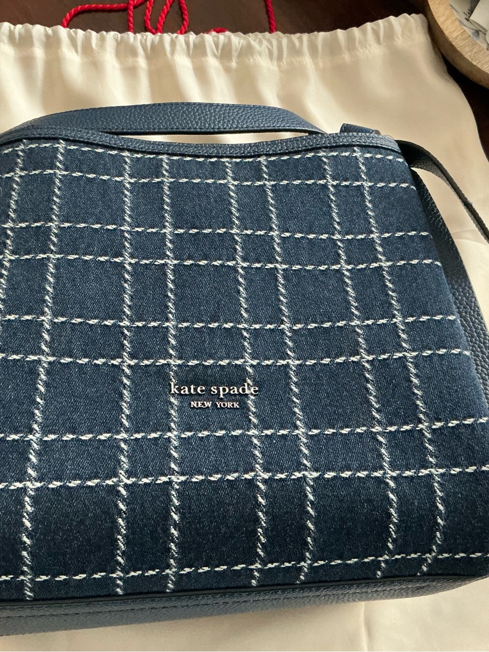 kate spade Navy Plaid Messenger Bag with White Stitching